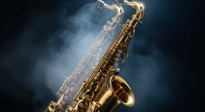 A detailed brass saxophone gleams under a sharp spotlight amidst smoky darkness, featuring artistic motion blur and moody cinematic tones, dark background, abstract, haze