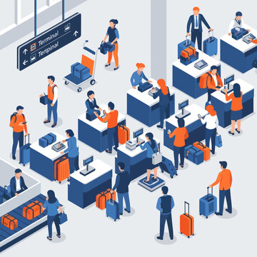 Airport Check In Counter Scene With Travelers And Luggage.