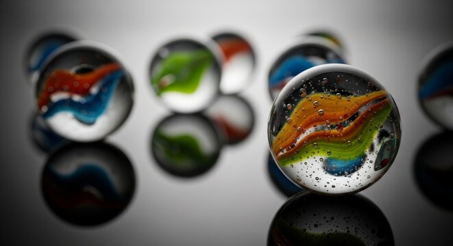 A detailed macro shot featuring various translucent glass marbles with bright colorful patterns, resting on a dark, reflective surface, rainbow, clear, bright