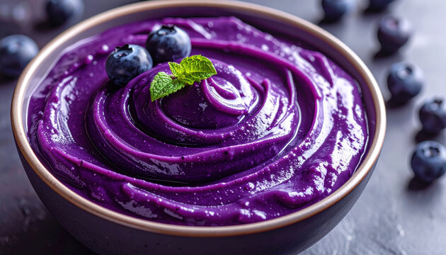 Blueberry smoothie bowl purple yogurt mint closeup blueberry smoothie bowl with purple yogurt mint garnish healthy biohacking trends breakfast
