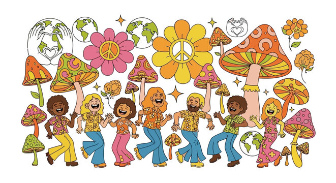 People dancing with mushrooms flowers.
