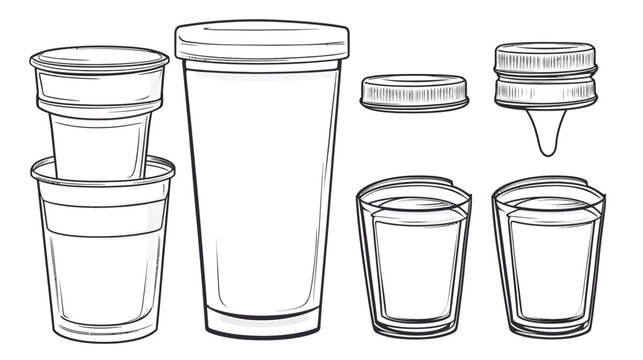 Black and white line art featuring several types of drink containers and lids, isolated