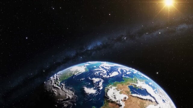 Planet Earth rotating in deep space with bright sun and Milky Way galaxy in the background