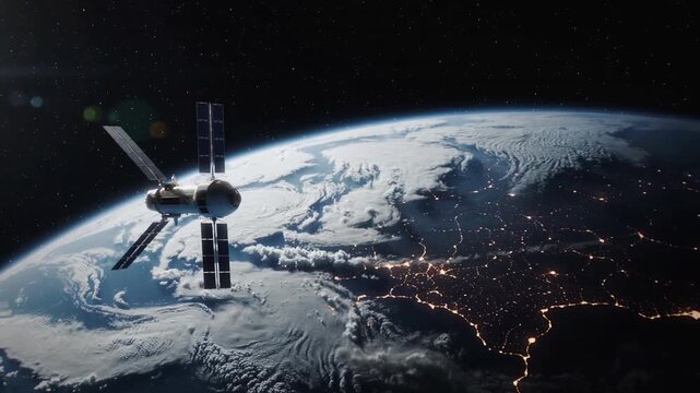Space station orbiting Earth with solar panels against dark starry sky background, long shot