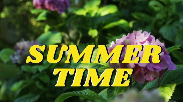 Yellow title staying centered over hydrangea, camera shifting focus and revealing pink bloom design