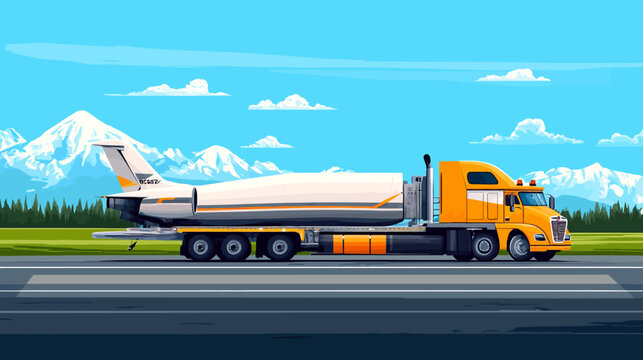 Pixelated artwork of a large yellow truck transporting a plane on a highway. Mountains are in the background