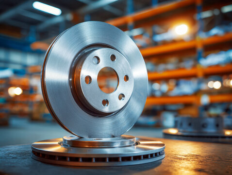 Shiny metallic brake discs stacked on a workbench with industrial warehouse shelves blurred in the background under warm lighting ambiance