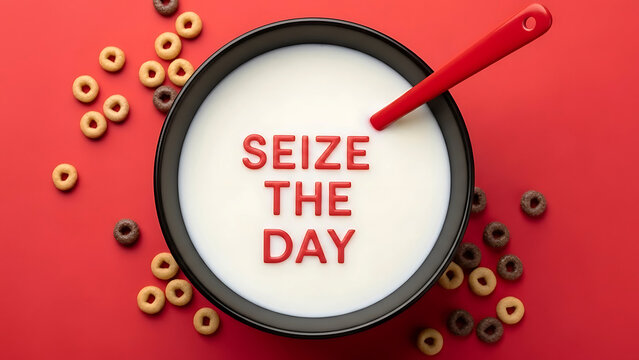 Bowl of milk with cereal and red spoon on red background with seize the day text