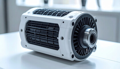 Solar vehicle technology electric motor closeup on table clean design for sustainable energy drivetrain research concept