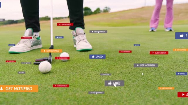 Golfer aligning stance then swinging putter to sink putt, social labels multiplying across green