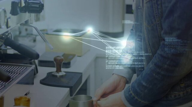 Vertical video: Barista turning knob, frothing jug for brew while nodes align with arm and jug
