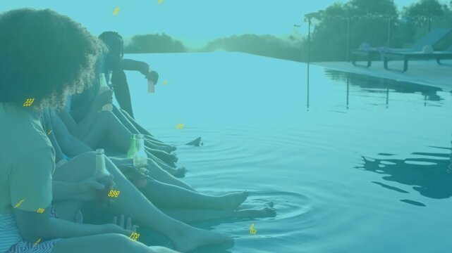 Friends on dock with bottles, splashing foot for leisure, causing ripples and yellow numerals