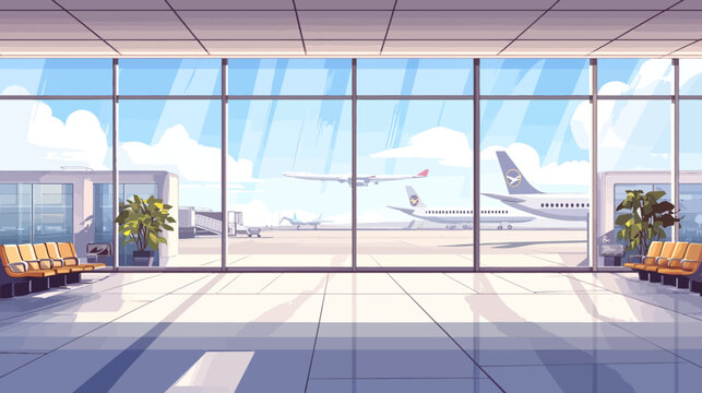 Pixelated illustration of an airport terminal with airplanes and blue sky view. Seats present