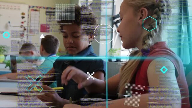 Students pointing and exchanging pencil, doing classwork while blue scanline sweeping across hands
