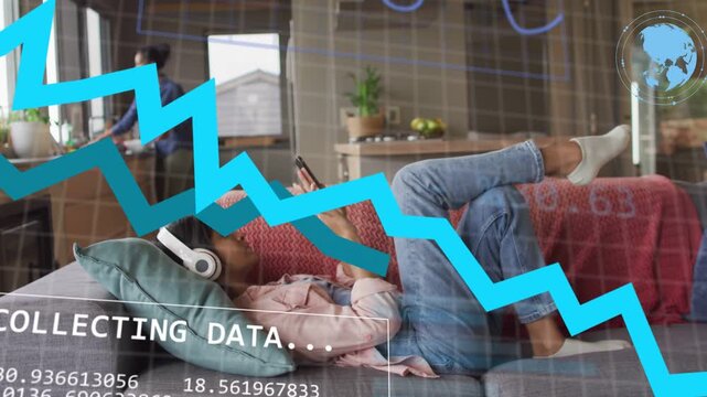 Teenage daughter tapping phone in home, with HUD expanding, collecting tech data and obscuring view