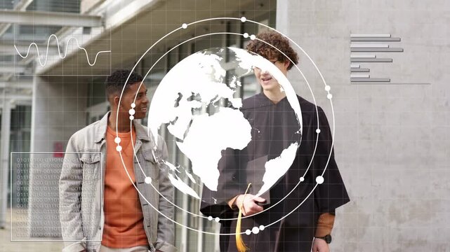 Two men walking, talking campus, chat causing rotating globe tech HUD covering faces analyzing data