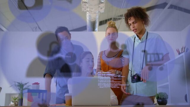 Seated woman typing laptop and guiding marketing team through animated user icons, cart overlays