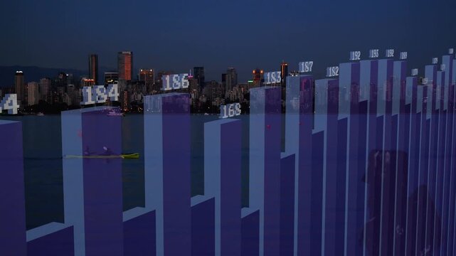 Camera panning at dusk, 3D purple bars updating labels while yellow kayak passing, visualizing data