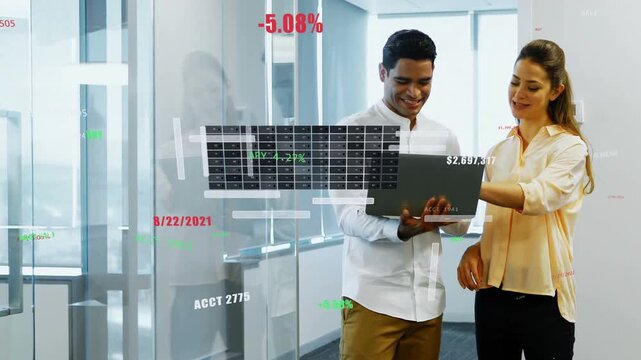 Man holding tablet, woman pointing and activating finance overlays for review, charts % $2