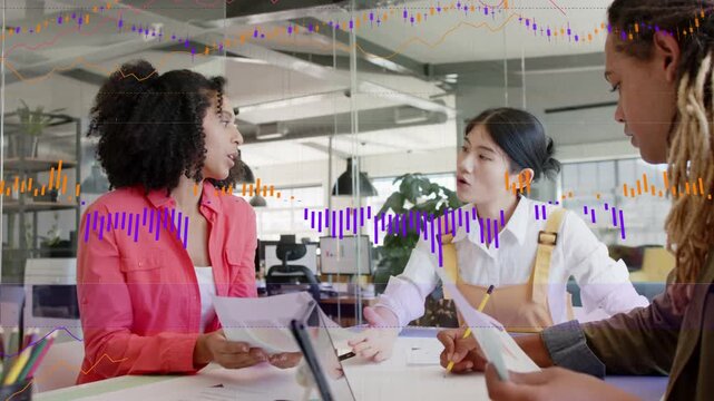 Left woman speaking, business team sharing papers and noting amid purple waves growing to agreement