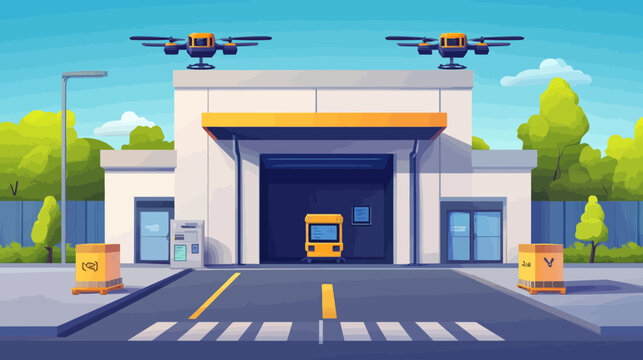 Modern drone delivery station, with drones overhead, package boxes, and minimalist architectural design
