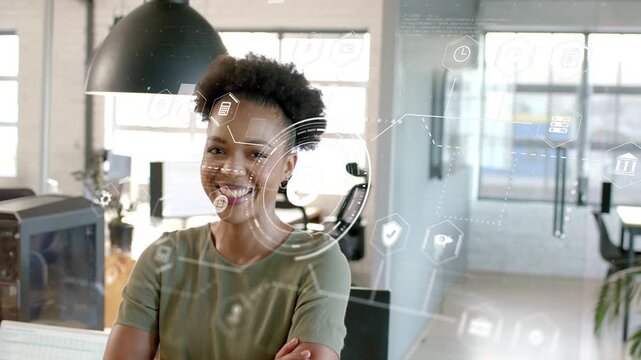 Woman standing behind glass folding arms smiling while finance HUDs emerging showing dollar charts