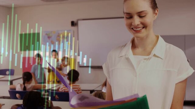 Teacher holding files flipping while students sharing tablet and starting animated bars for class