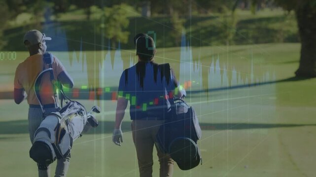 Camera tracking two male golfers walking toward green, causing data viz overlaying torsos for golf