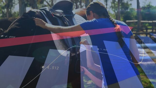 Bar chart, line plot and red arrow sweeping diagonal revealing woman adjusting saddle for education