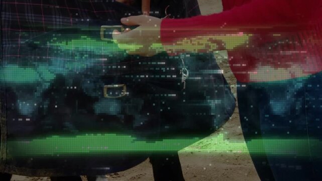 Rider entering stable, preparing tack, adjusting saddle strap and pocket while glitch masking hands