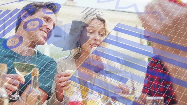 Three diners sitting outdoors, blue charts sliding, revealing plates, glasses, highlighting food