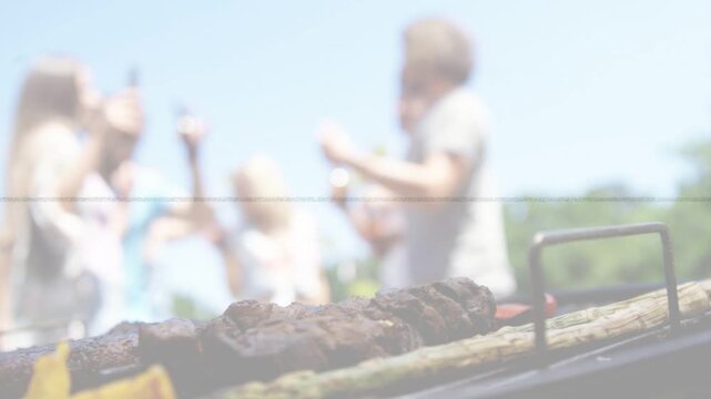 One friend stepping up, clinking bottles at bbq, grill front, scanline crossing blurred group