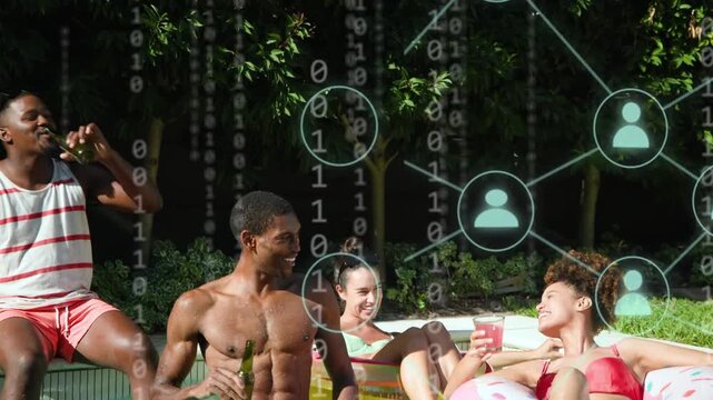 Friends toasting for fun poolside, tech overlay with binary digits drifting, partly obscuring group