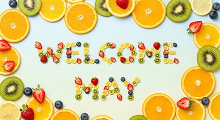 Obraz premium vibrant fresh fruit welcome sign on light background for summer events