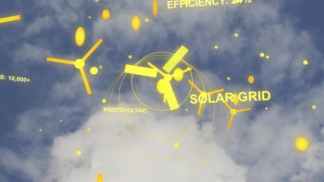 Solar HUD animating above clouds, forming rotor, rings as clouds drifting, showing solar efficiency