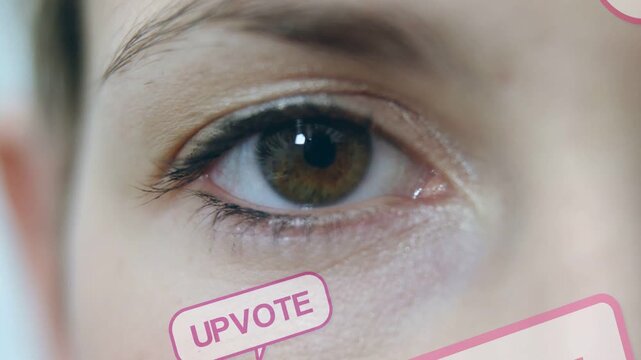 Woman holding gaze, pink UPVOTE CHAT REPOST labels appearing near eye, blinking, showing marketing
