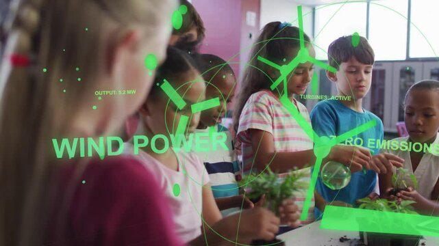Students potting seedlings and spraying plants while wind-power overlay activating, teaching energy