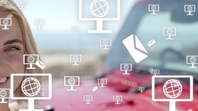 Woman near red SUV smiling, digital alert causing globe monitor and mail icons spreading over face
