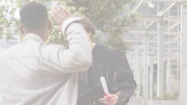 Grad with diploma friend coming raising hand highfiving hugging for graduation scanlines overlaying