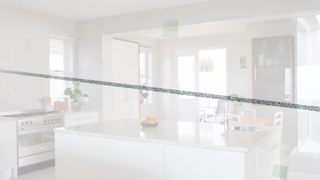 Diagonal static band appearing, shifting across center kitchen island fruit bowl, showing glitch