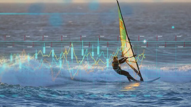 Male windsurfer carving, trimming sail to catch wind for speed, overlaying finance charts pulsing