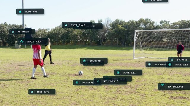 Soccer striker placing ball and striking to score, HUD tracking while keeper diving, stopping shot