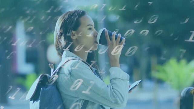 Female commuter walking urban, phone lighting, glancing, sipping, tech binary overlay guiding pole