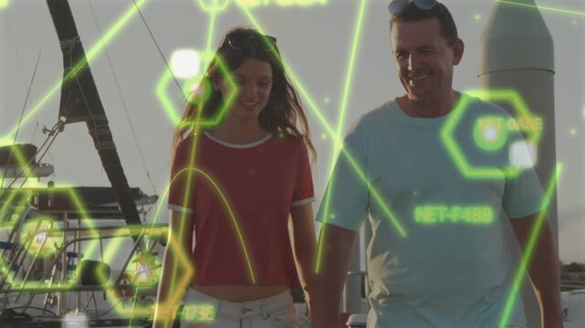 Dad placing arm on daughter walking dock as camera tightening tech hex overlay hiding faces bonding