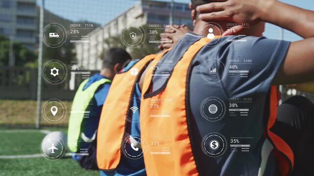 Fitness drill starting, male athlete in orange bib doing crunches while HUD graphics covering frame