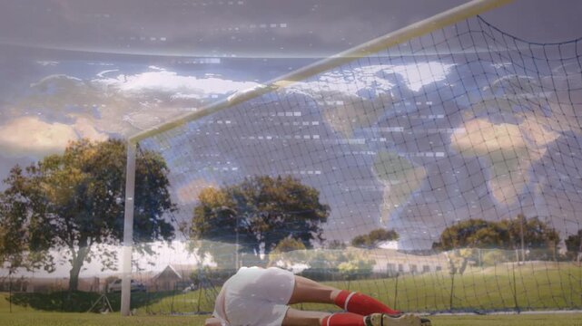 Male soccer player chasing cross, doing aerial flip into goal, ball settling with map overlay