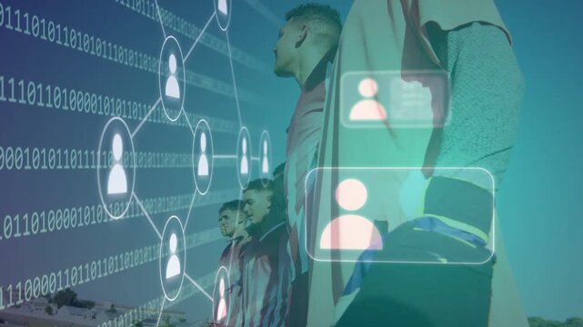Line of athletes standing low while left binary code forming network, overlaying sports analysis