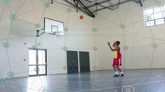 Male athlete bending knees and shooting, scoring resetting net overlay spanning court for practice