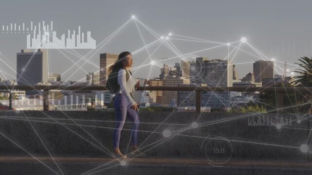 Woman commuter walking path, footsteps activating tech network, charts and gauges on silhouette