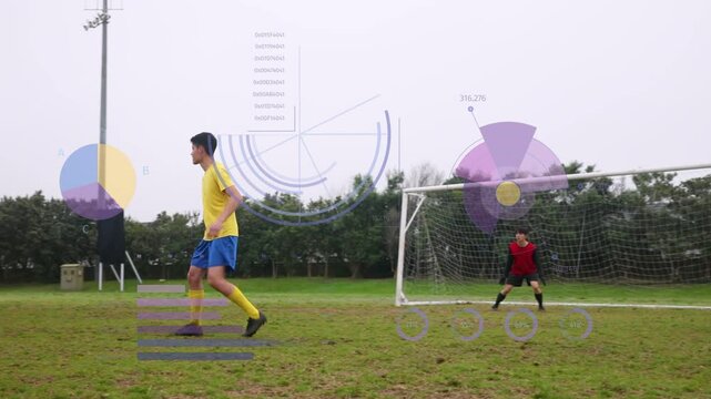 Yellow defender tracking attacker dribbling from left, soccer HUD showing ball path to block goal